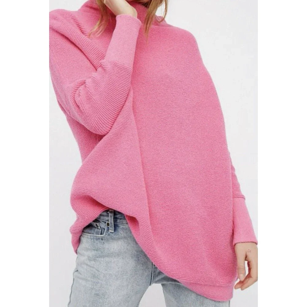 Free People Ottoman Slouchy Tunic Knit Sweater Women's Medium Electric Pink